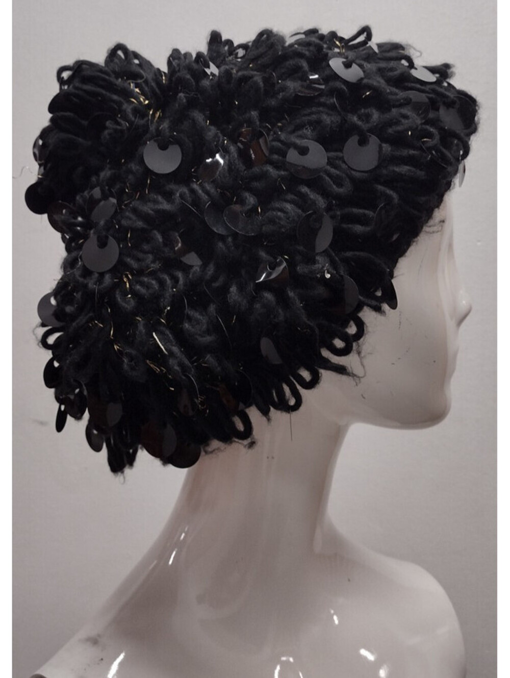 Vintage 1960s Big Sequin Black Knit Granny Slouch Big Hat Hand Crocheted JAPAN